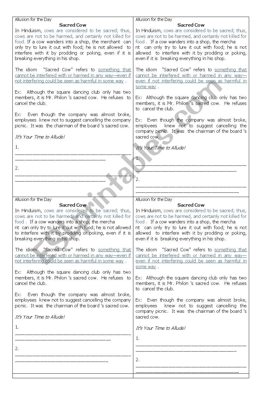 Allusion Figure of Speech Worksheet for Grade 10 / Fourth Year High