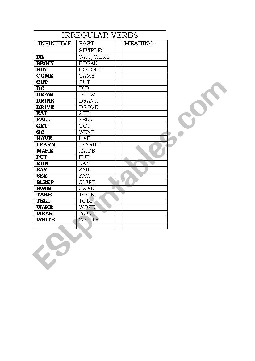 irregular verbs worksheet