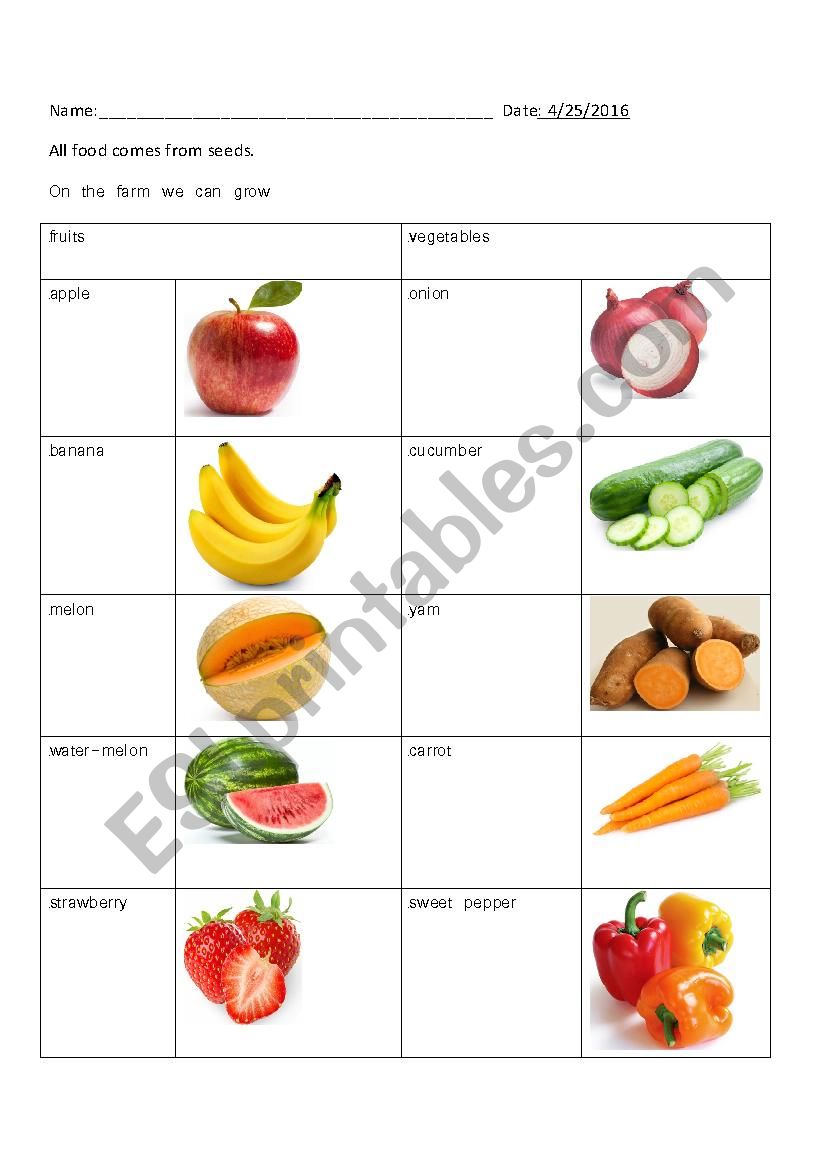 fruits and vegetables identification and writing practice sheet