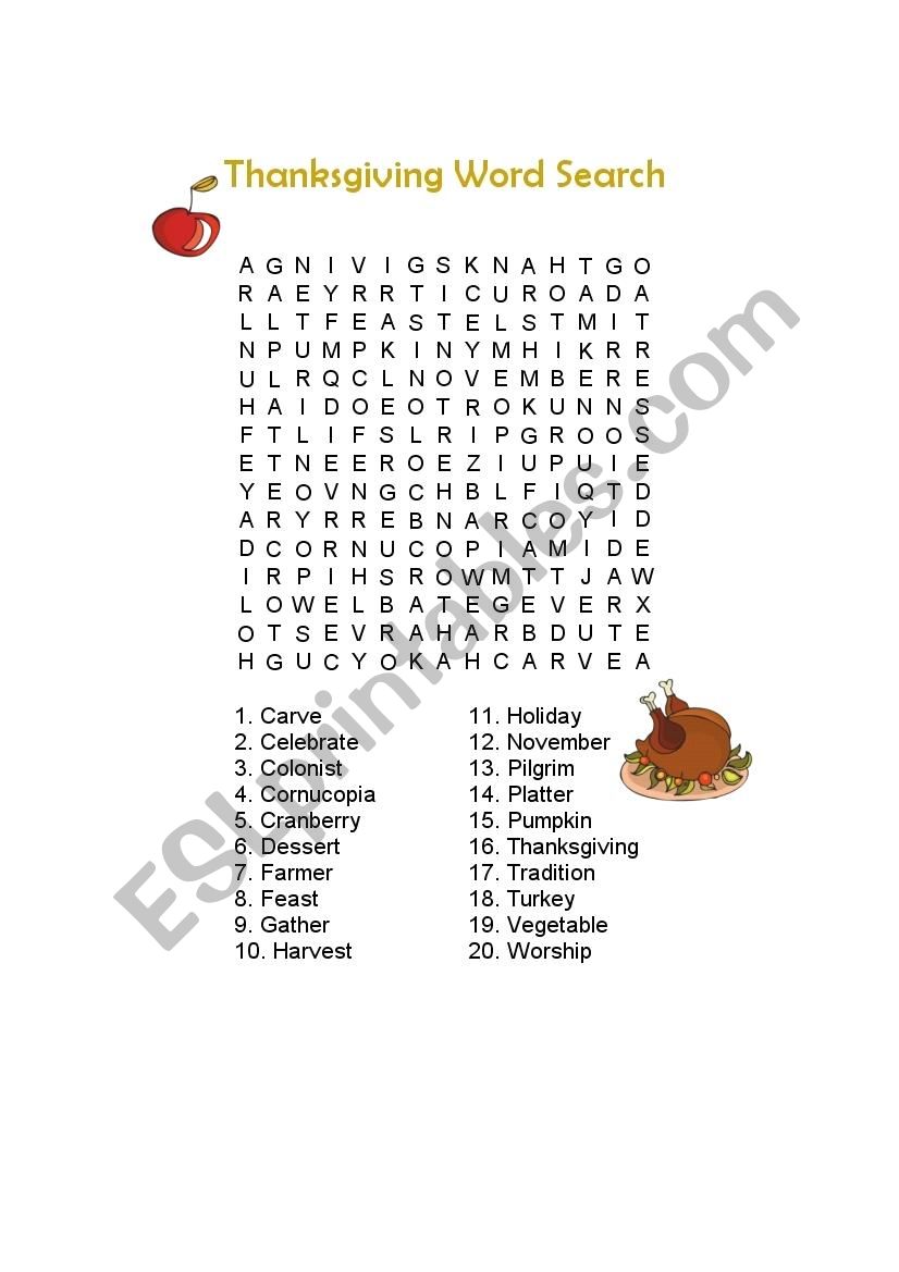 thankgiving word search worksheet