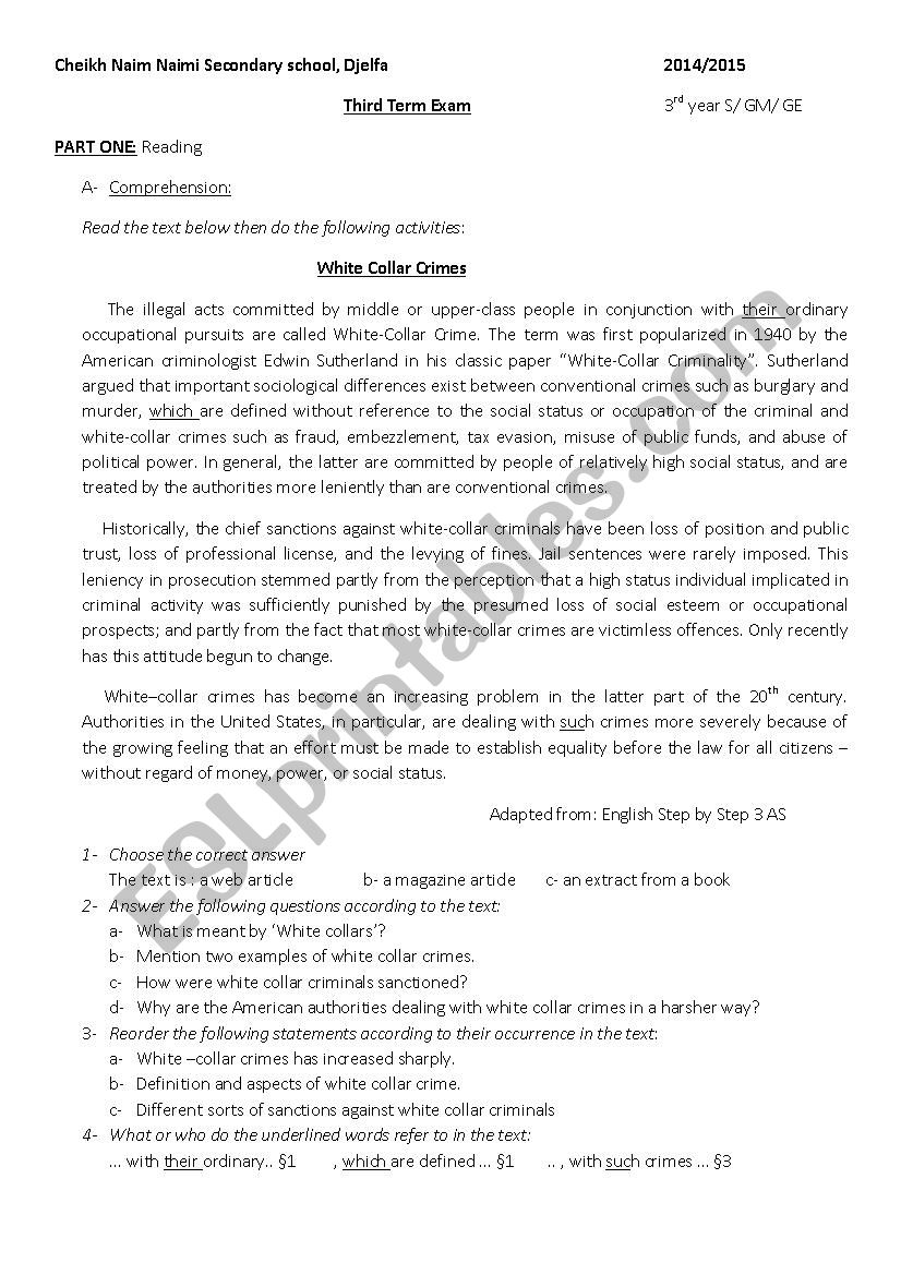 White Collar crimes worksheet