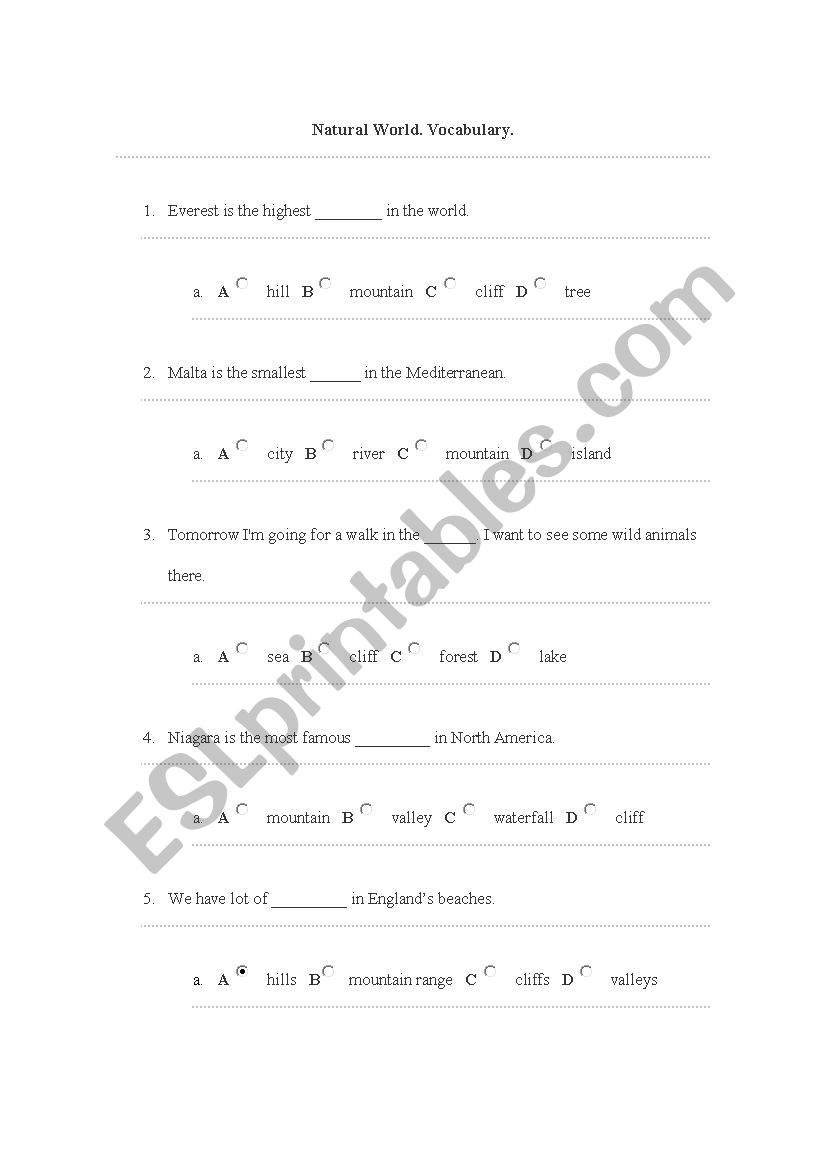 Vocabulary natural world worksheet