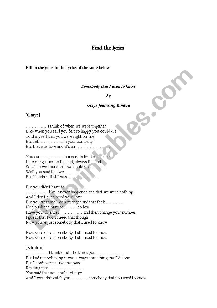 Somebody that I used to know worksheet