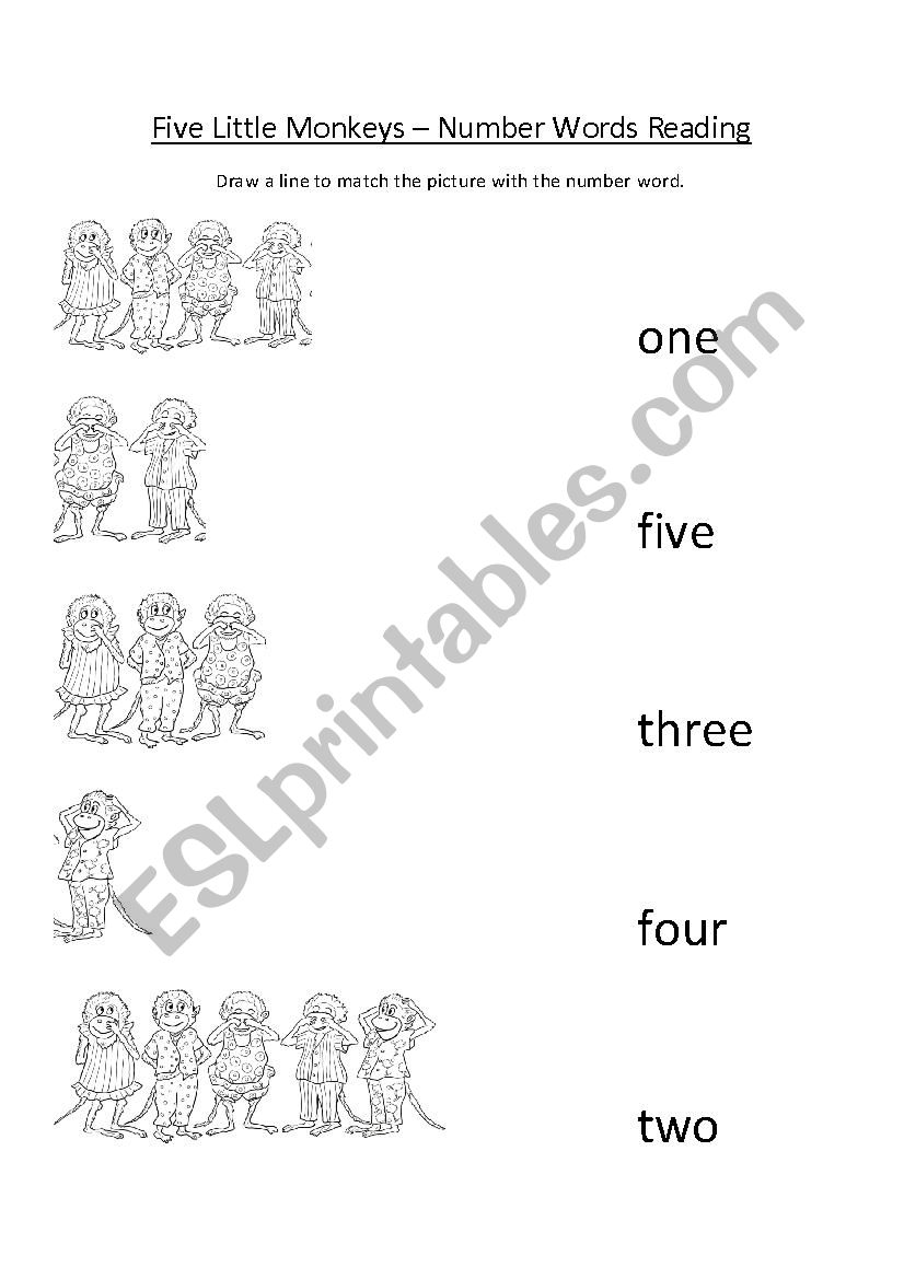 Five Little Monkeys Song Worksheet Number Words Reading