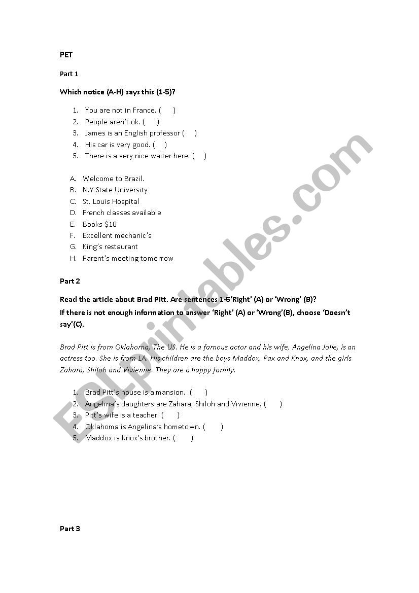 PET MOCK TEST worksheet