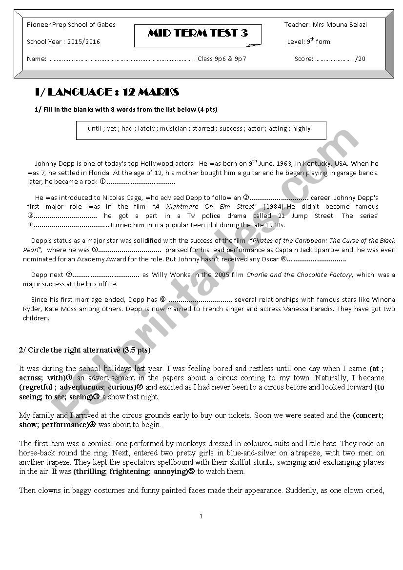 mid term test 3 9th form worksheet