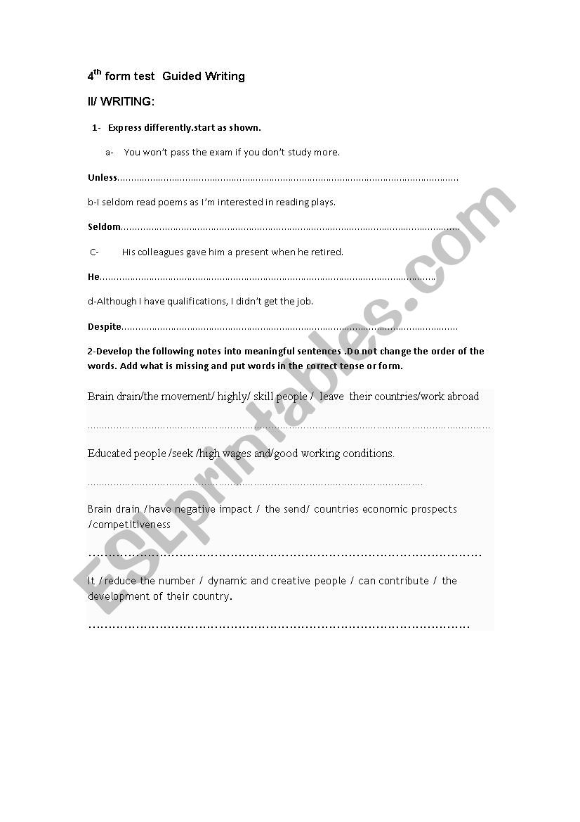 GUIDED WRITING 4th FORM  worksheet