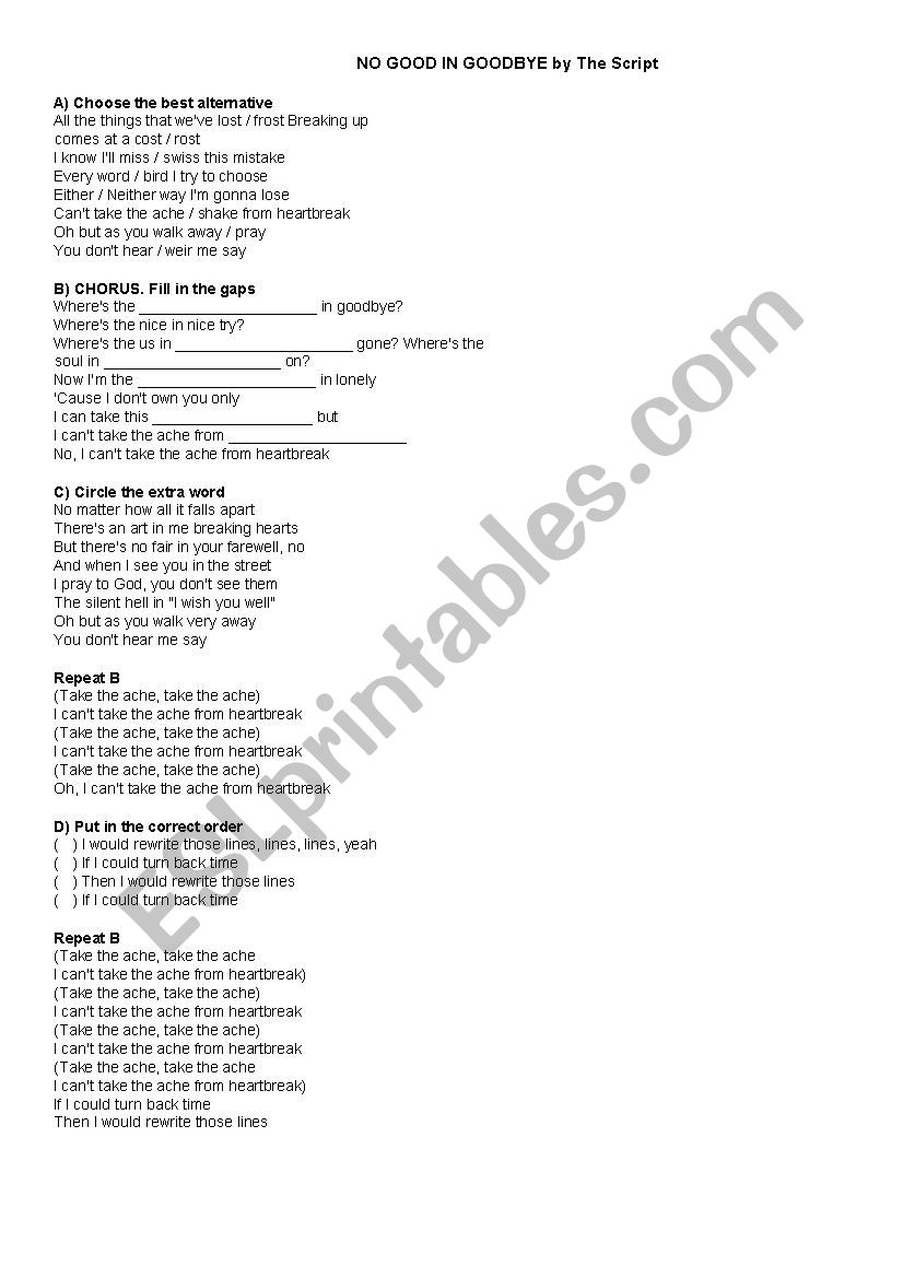 No good in goodbye worksheet