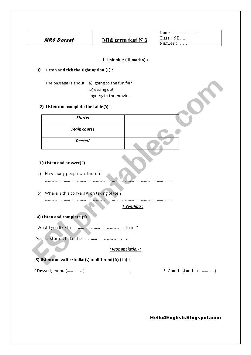 9thform exam worksheet