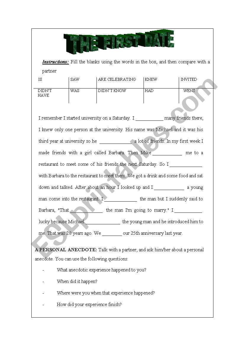 THE FIRST DATE (anecdote) worksheet