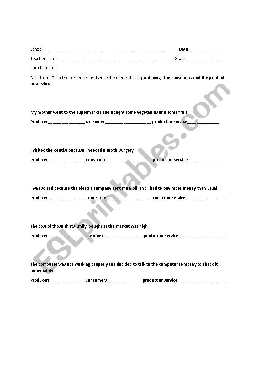 Producers and Consumers worksheet