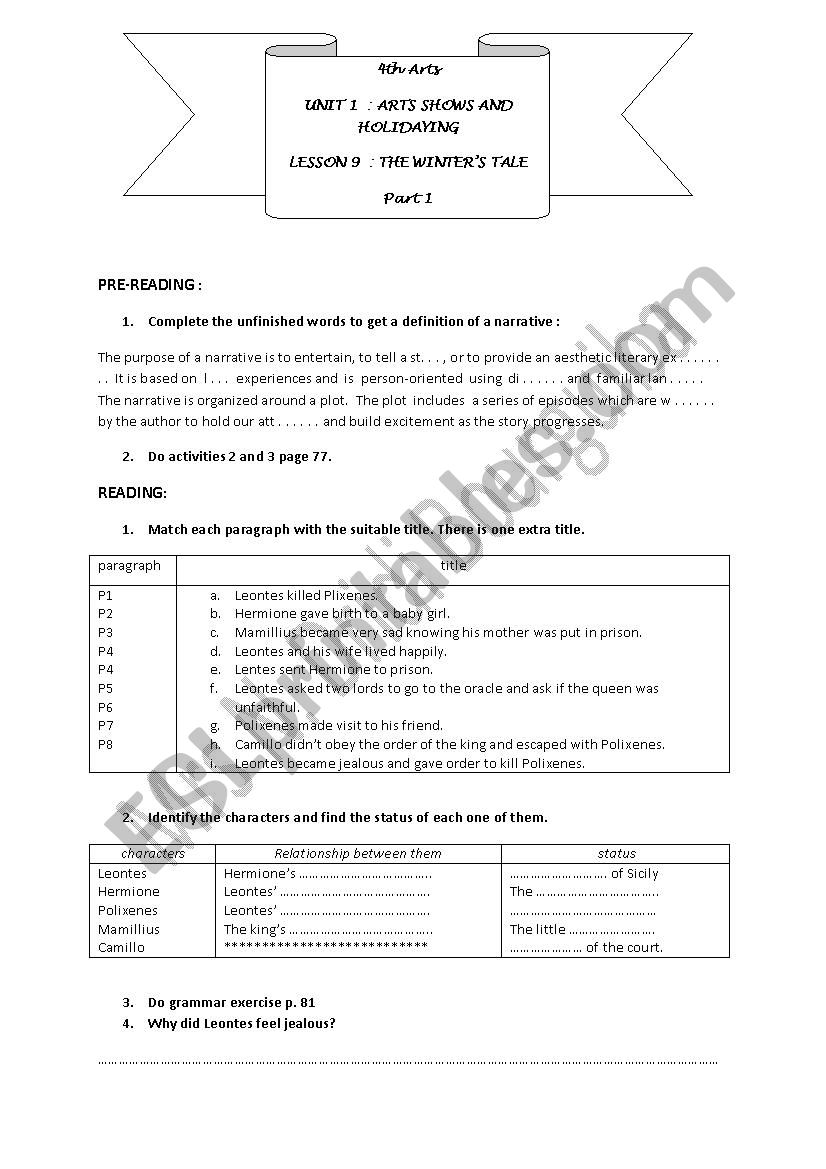 the winters tale part 1 worksheet