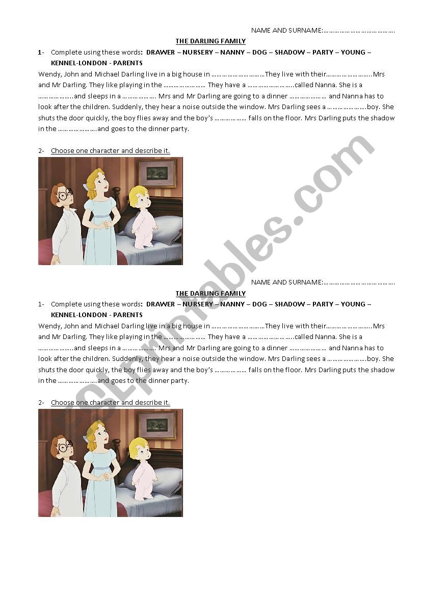 Peter Pan. The Darling Family worksheet