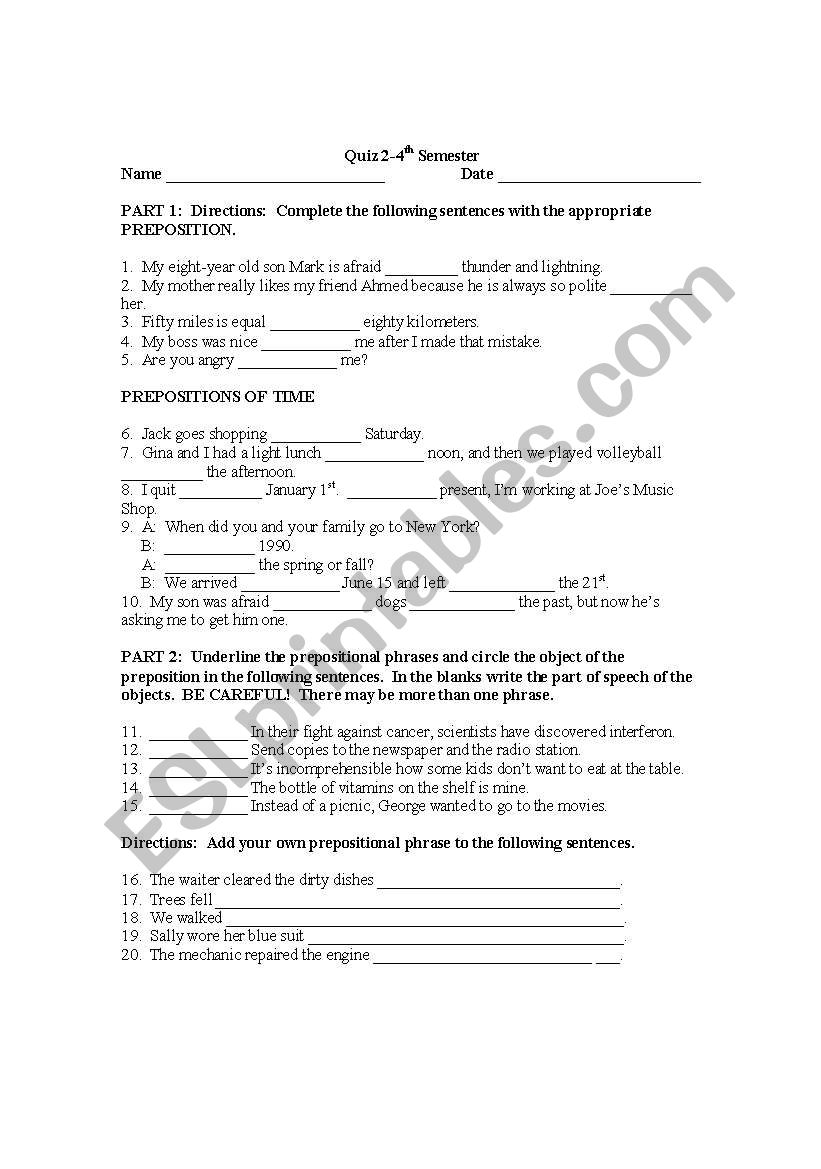 Prepositions Quiz worksheet