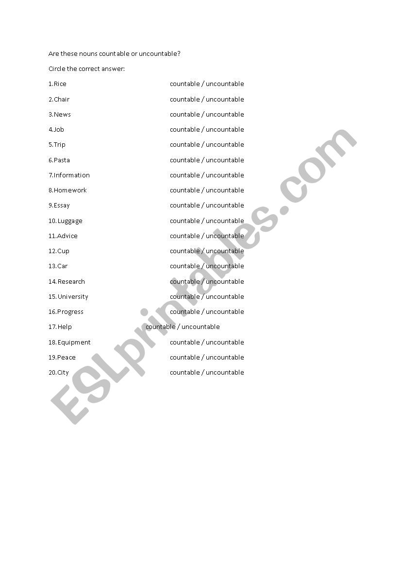 countable and uncountable worksheet