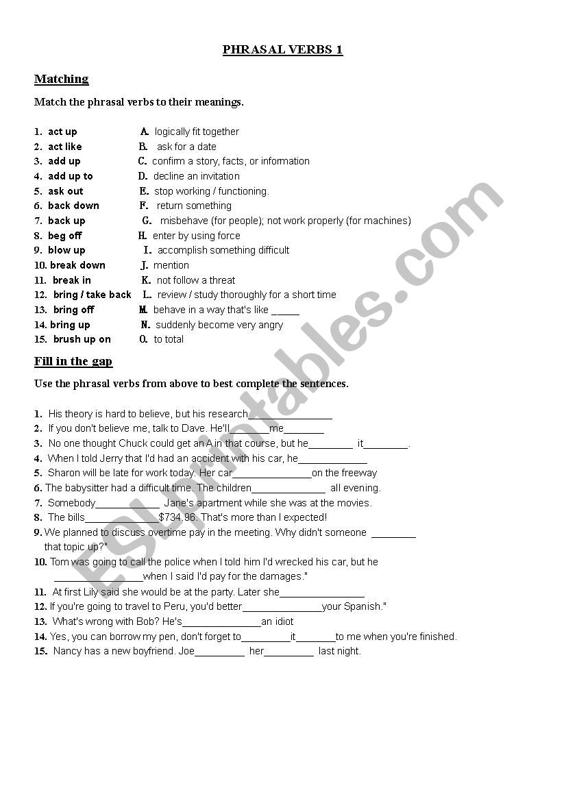 Phrasal Verbs (1/10) worksheet