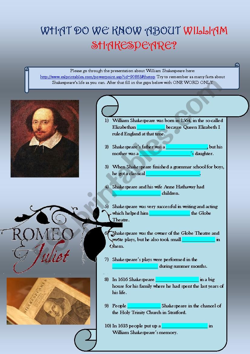 WILLIAM SHAKESPEARE worksheet