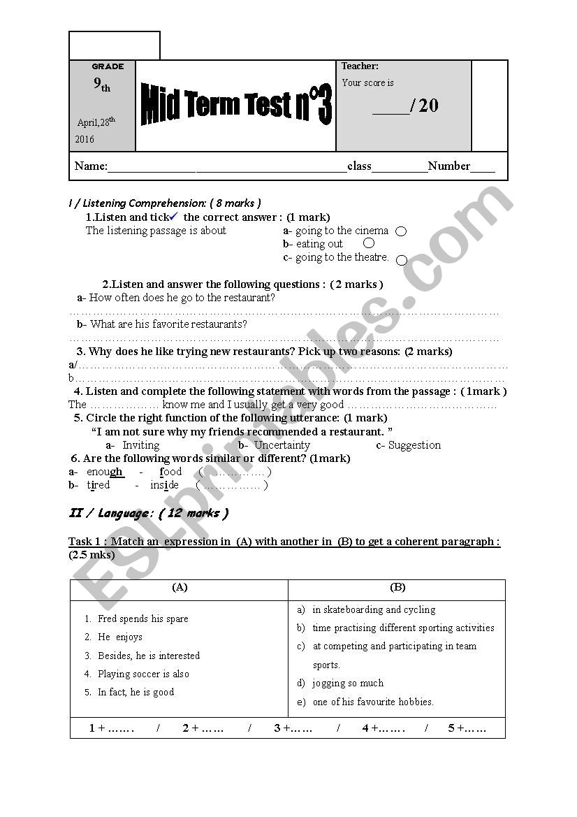 Mid term test n3 for the 9th forms