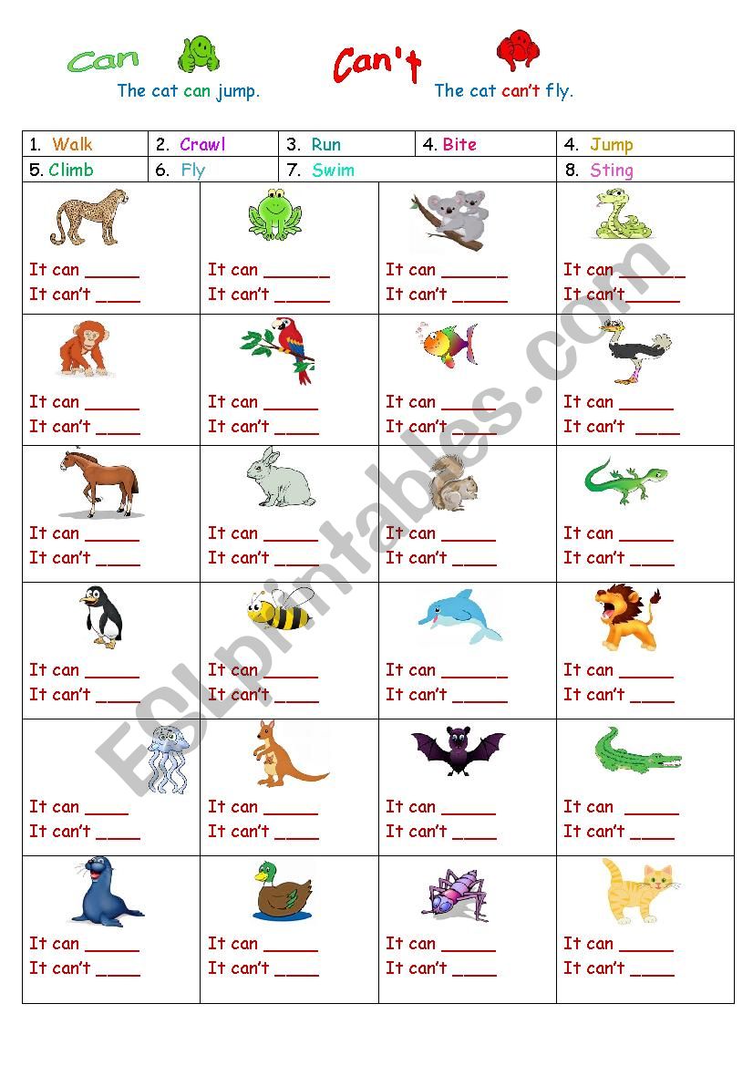The animal can or can´t .... - ESL worksheet by Sunshinenikki