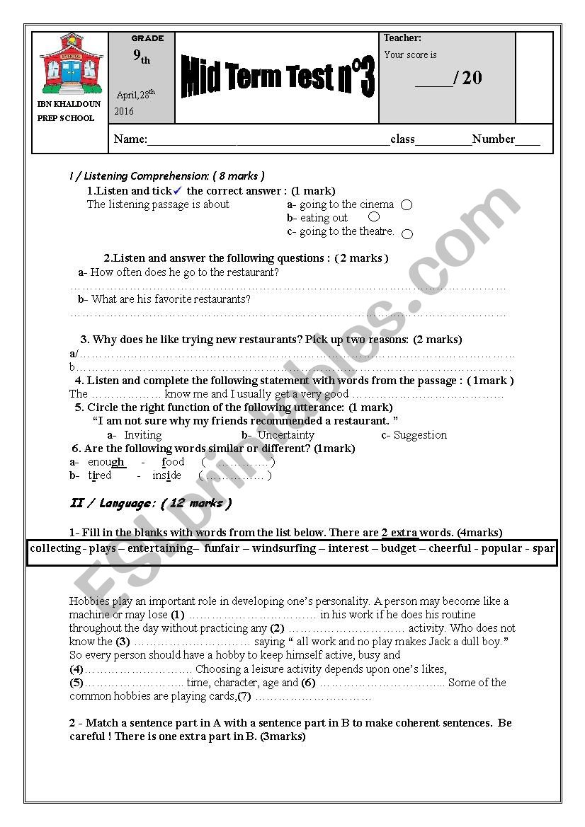 Mid term test n3 for the 9th forms