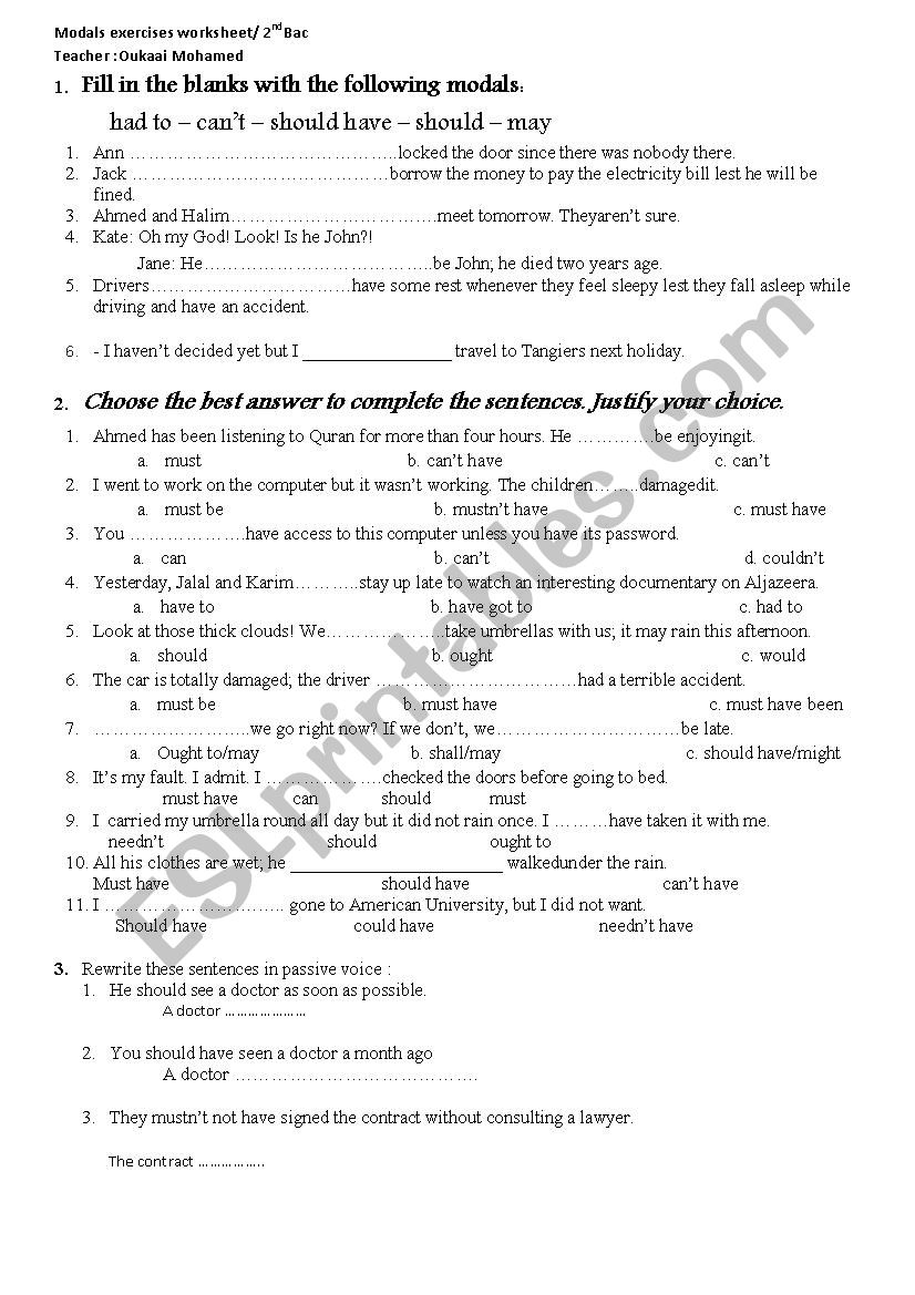Modals 2nd Bac worksheet