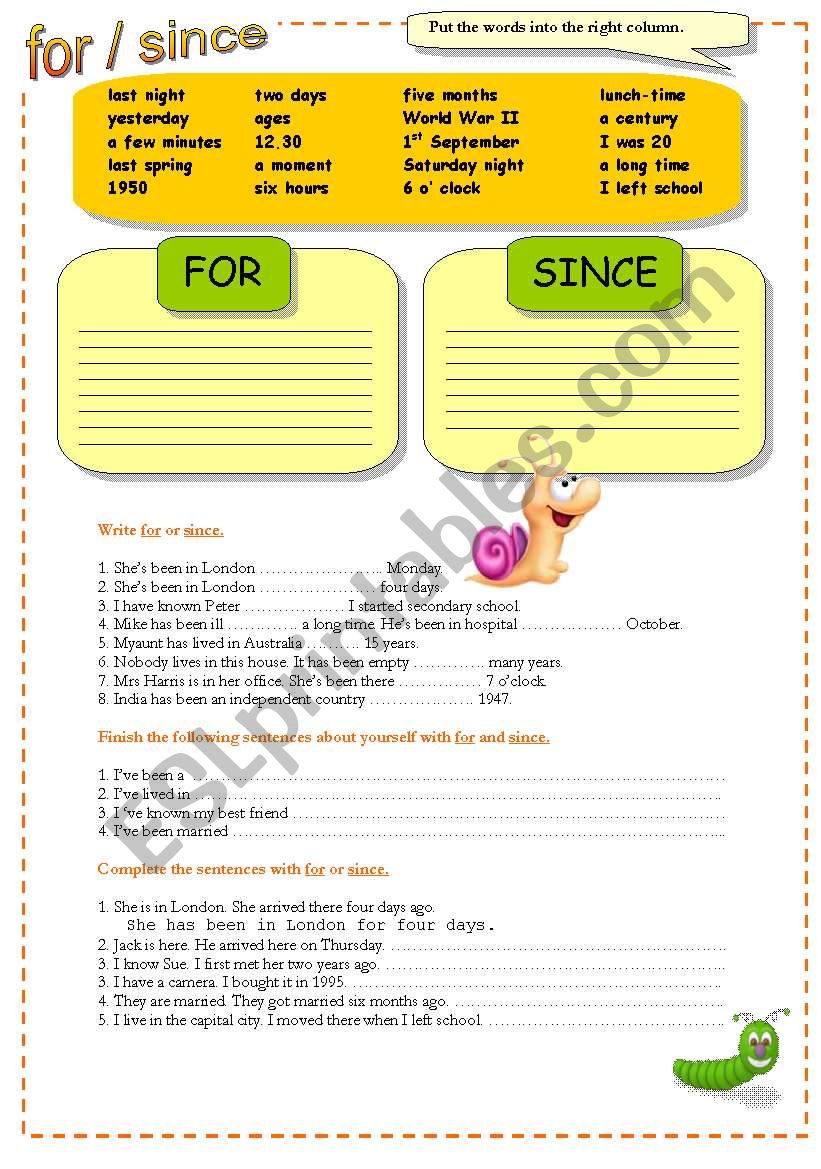 for / since worksheet