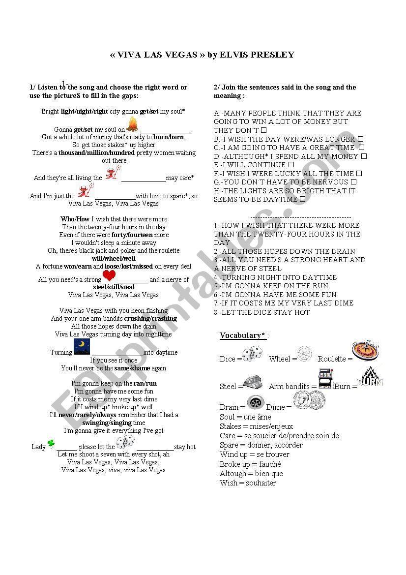 Viva Las Vegas song worksheet worksheet