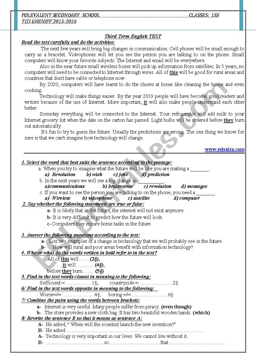 3rd term test 3S worksheet