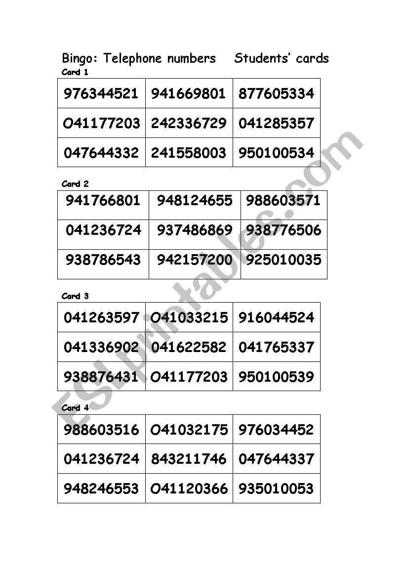 Bingo phone numbers worksheet