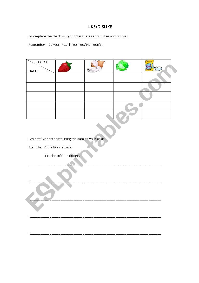 Like/dislike worksheet