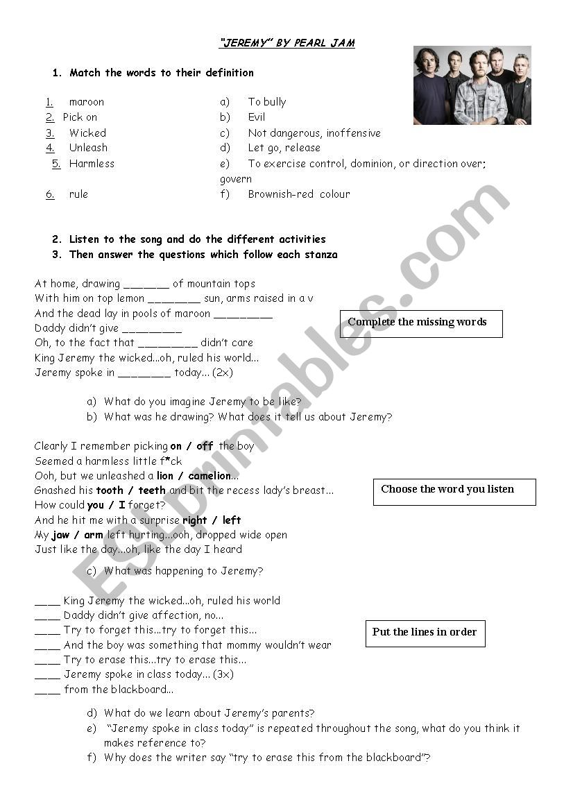 Jeremy Pearl Jam worksheet