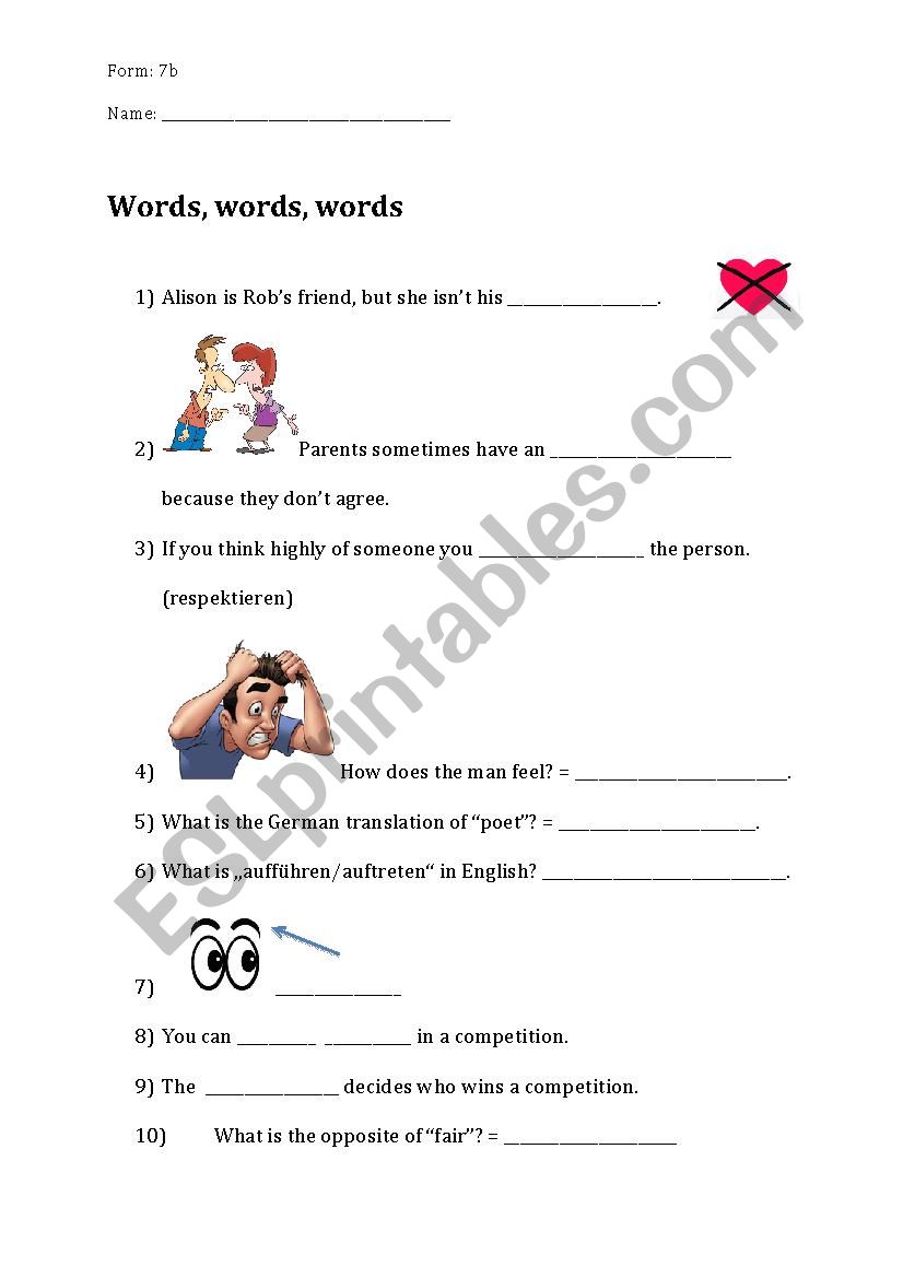 Vocabulary test worksheet