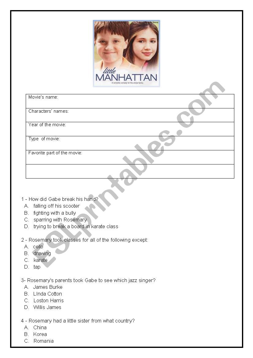 Movie Little Manhattan worksheet