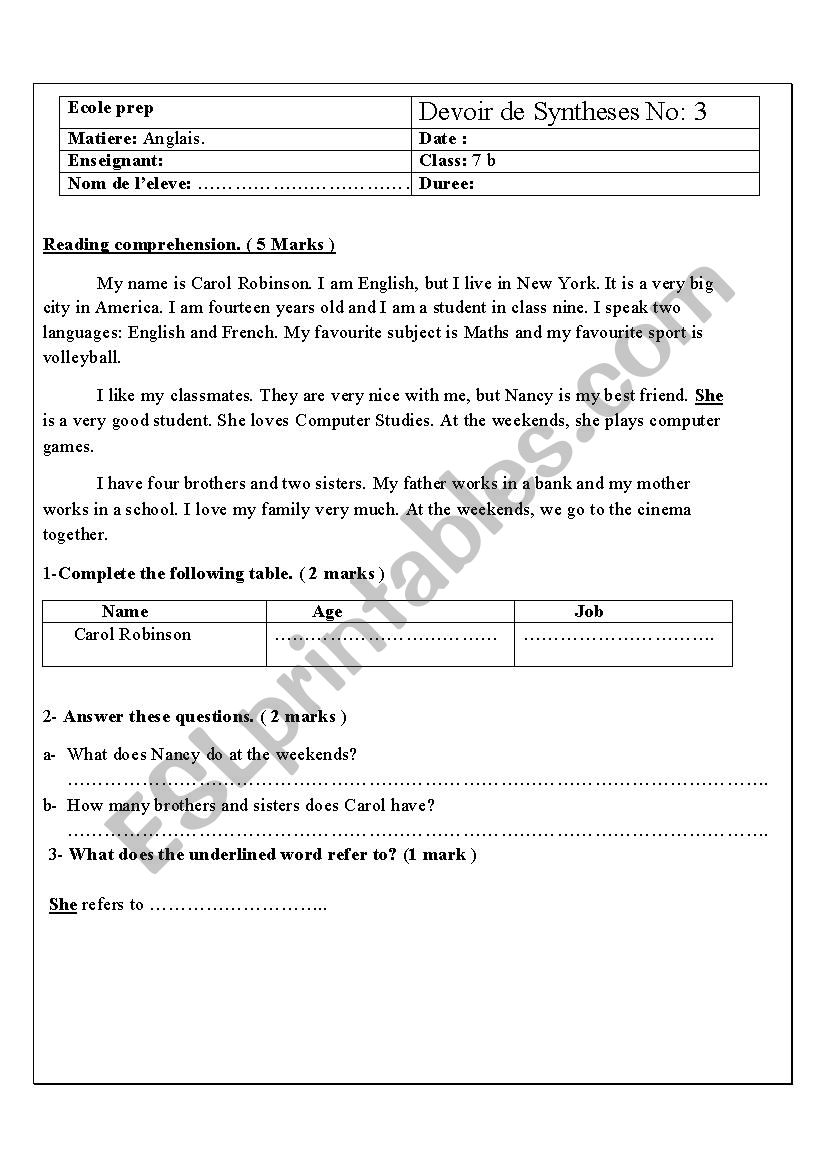 reading comprehension worksheet