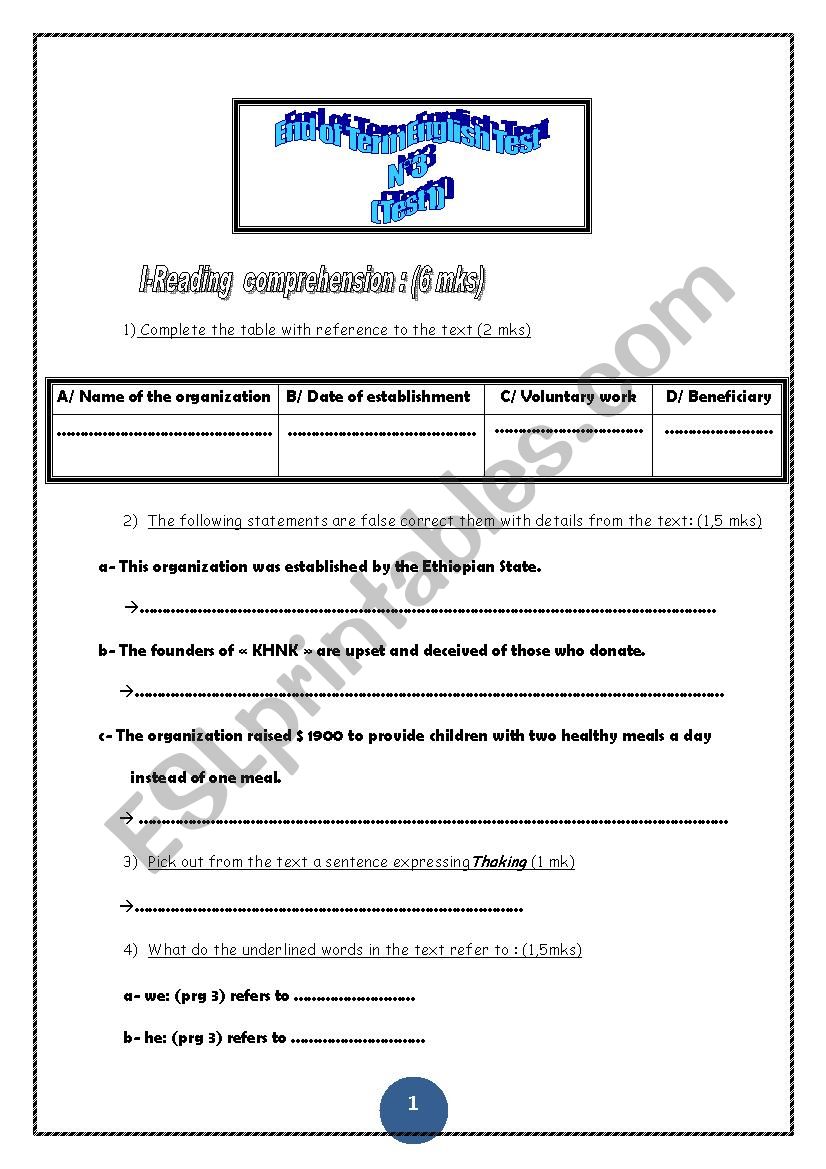 third term test 9th grades worksheet