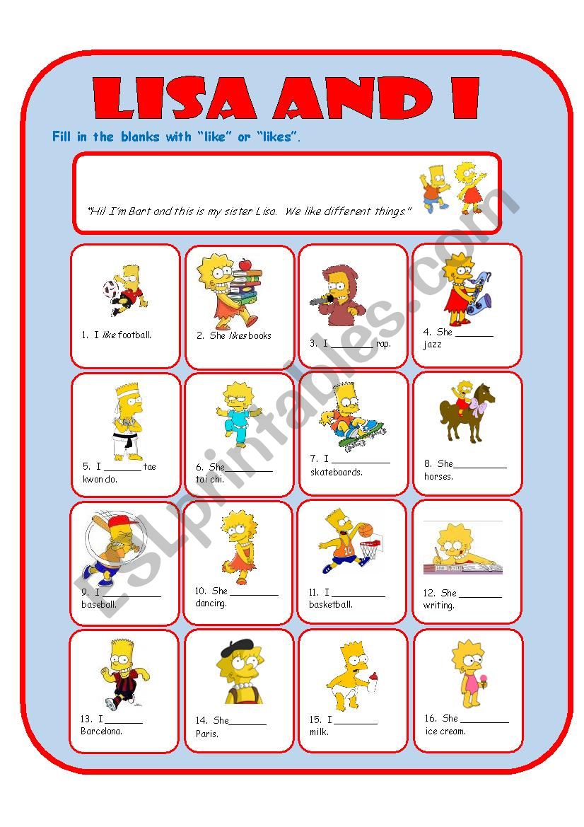 Like Likes with the Simpsons worksheet