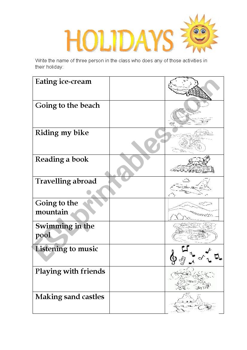 Holidays worksheet