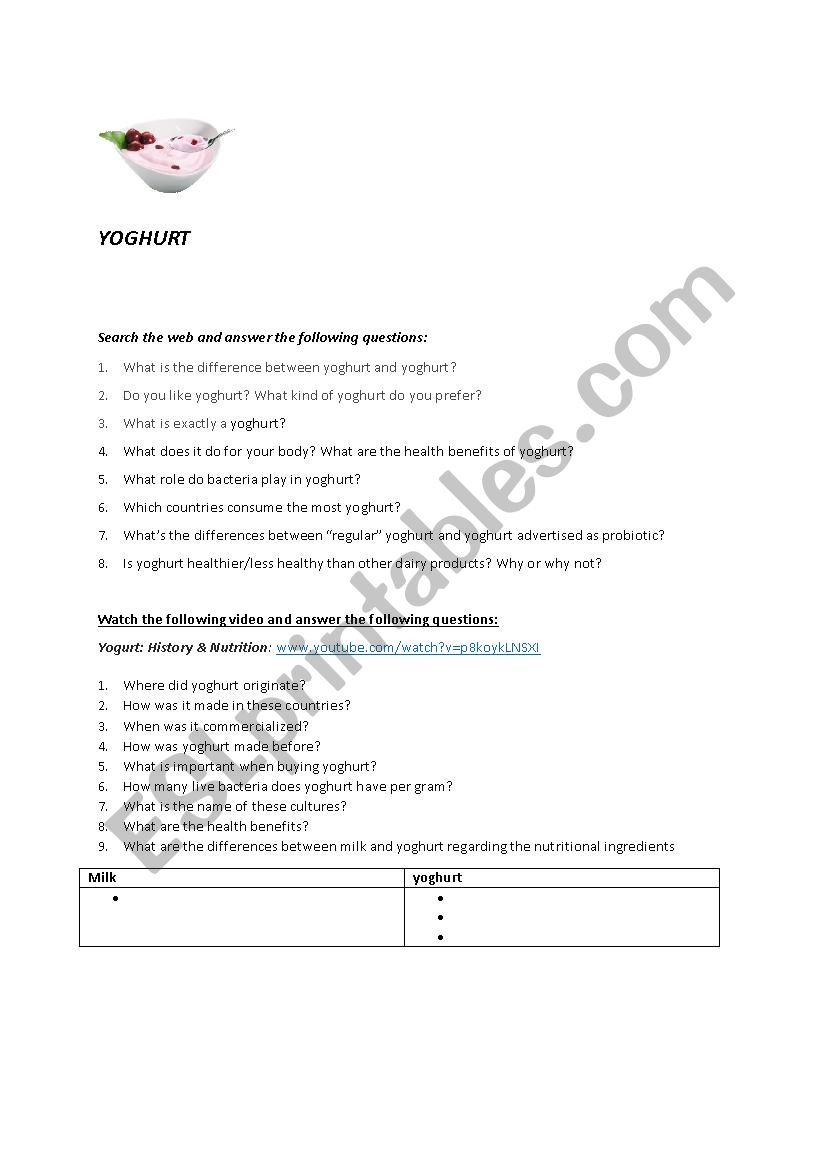 Yoghurt  worksheet