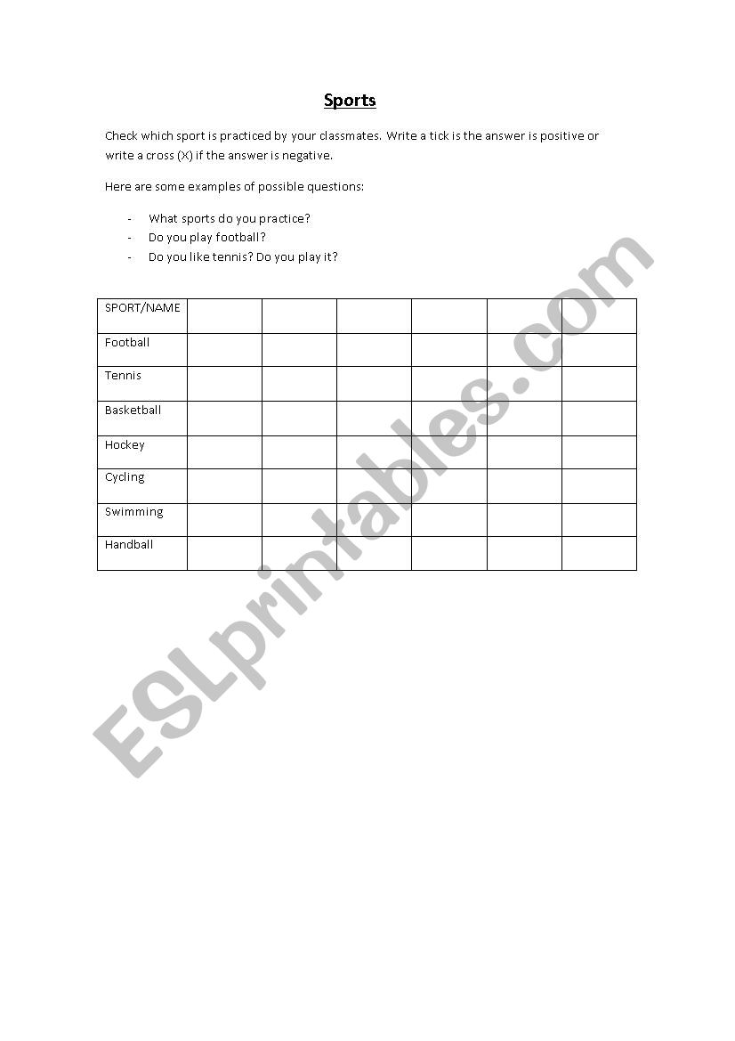 Questionnaire about sports worksheet