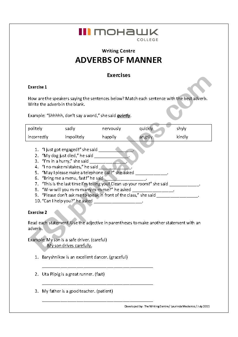 ADVERBS OF MANNER worksheet