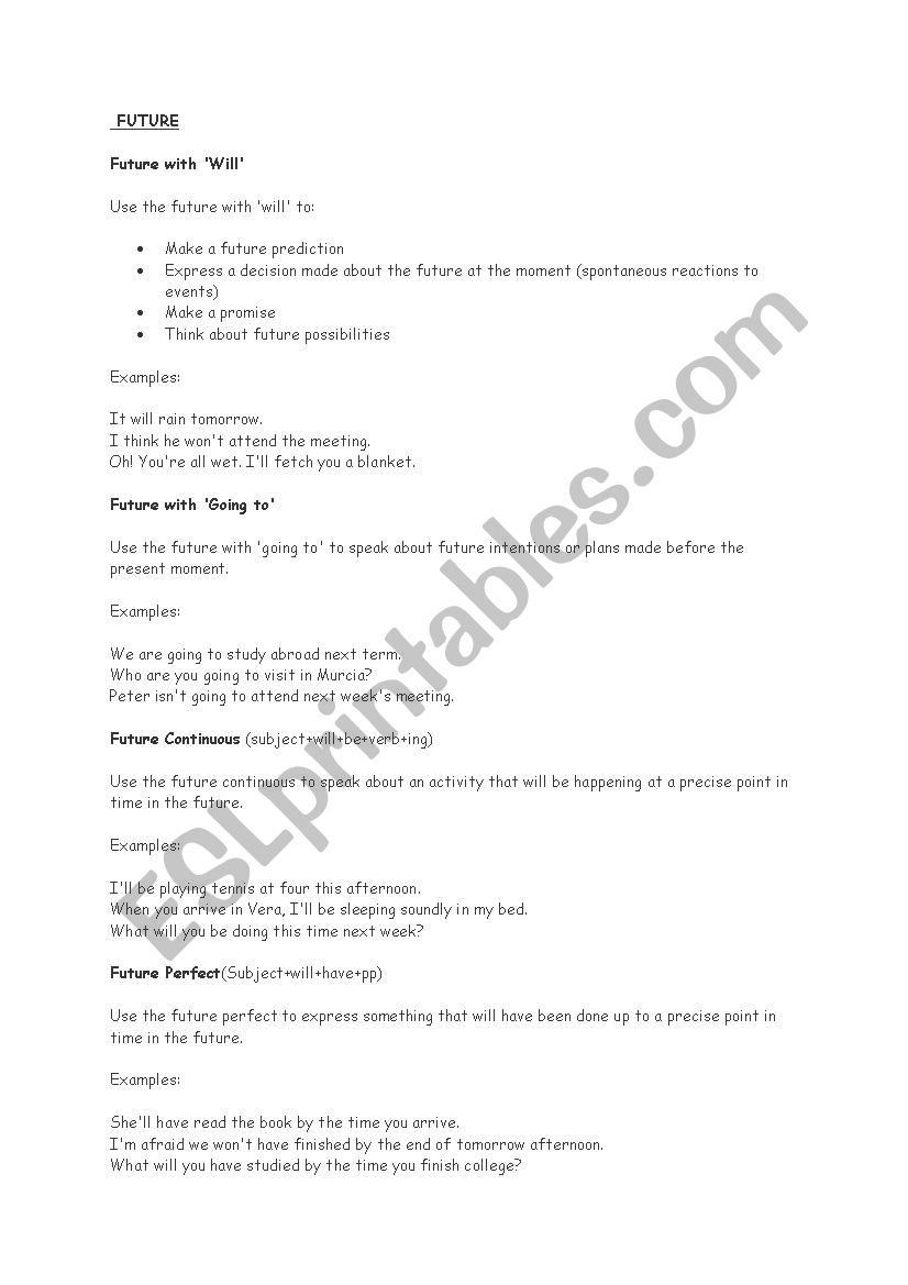 FUTURE TENSES crib sheet worksheet