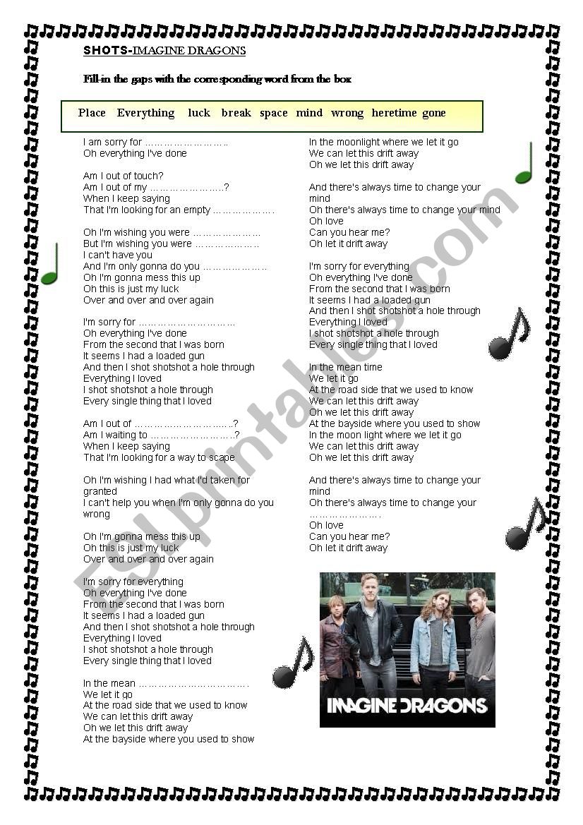 Shots-Imagine dragons worksheet