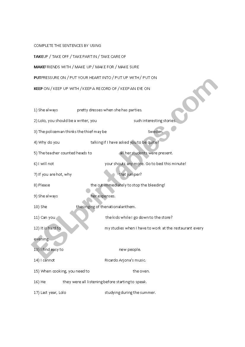 Exercise for Activate B1 - unit 2 / phrasal verbs: take / make / put / keep