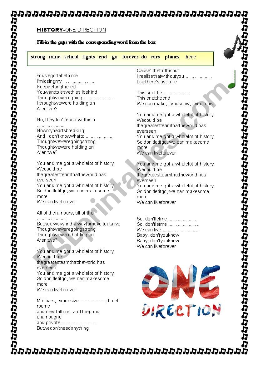 History-one direction worksheet