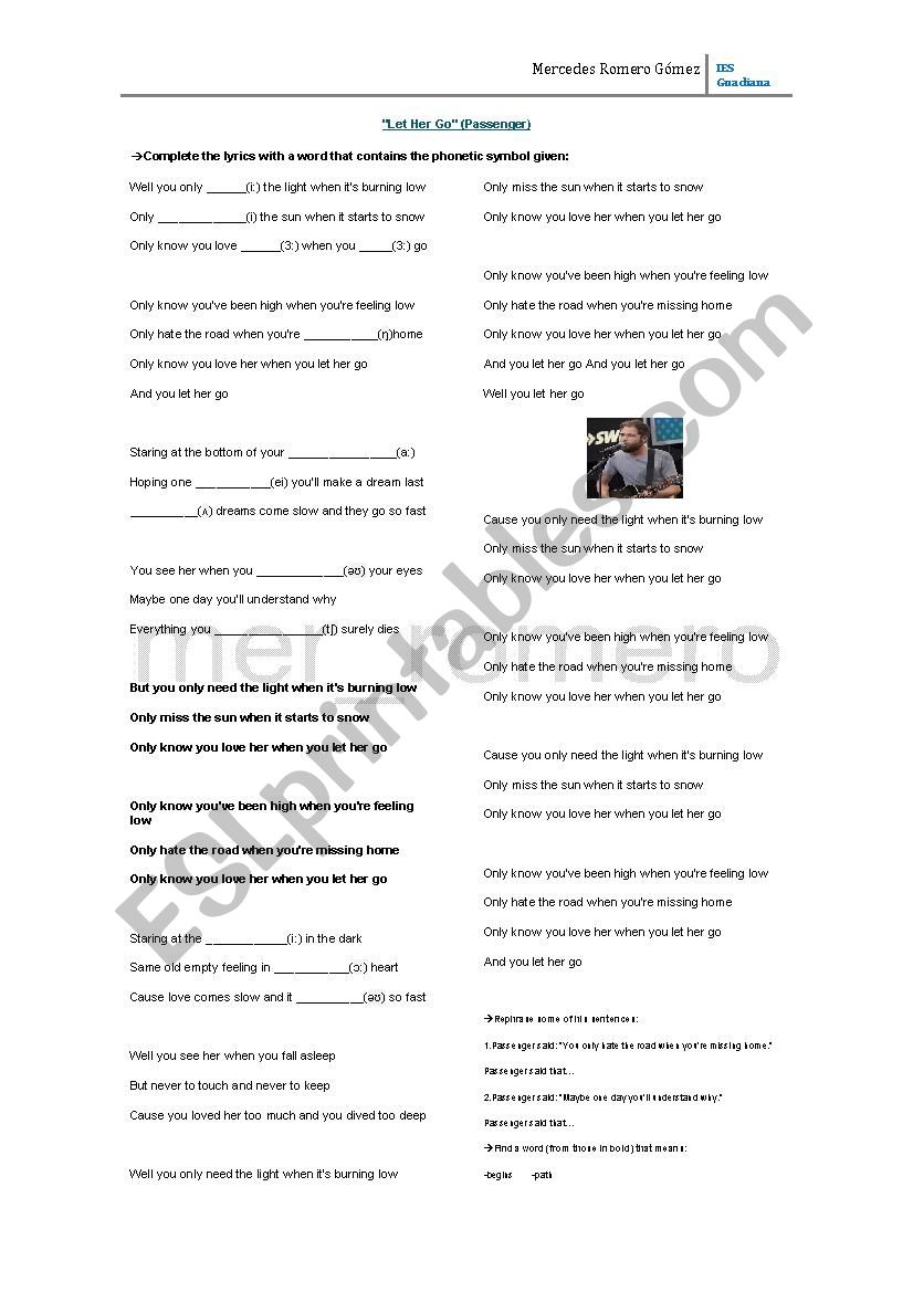 Let her go (Passenger) worksheet