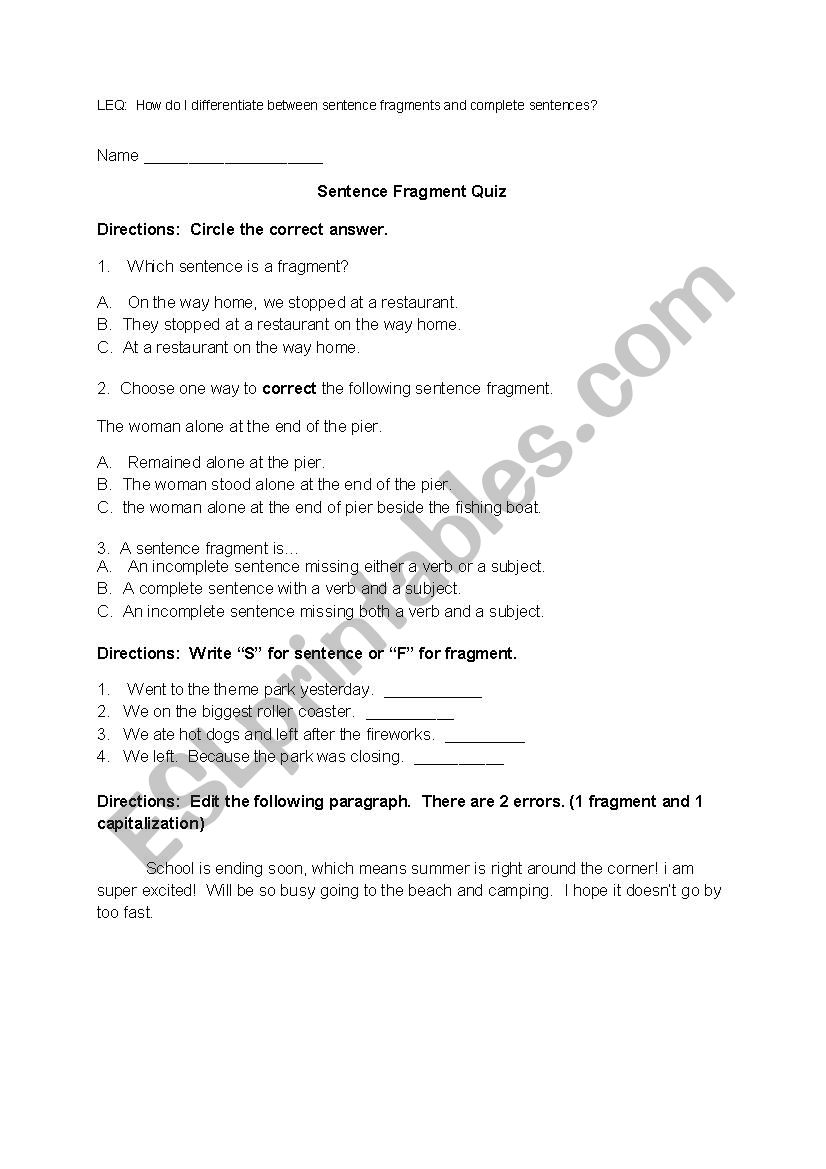 Sentence Fragments Quiz worksheet