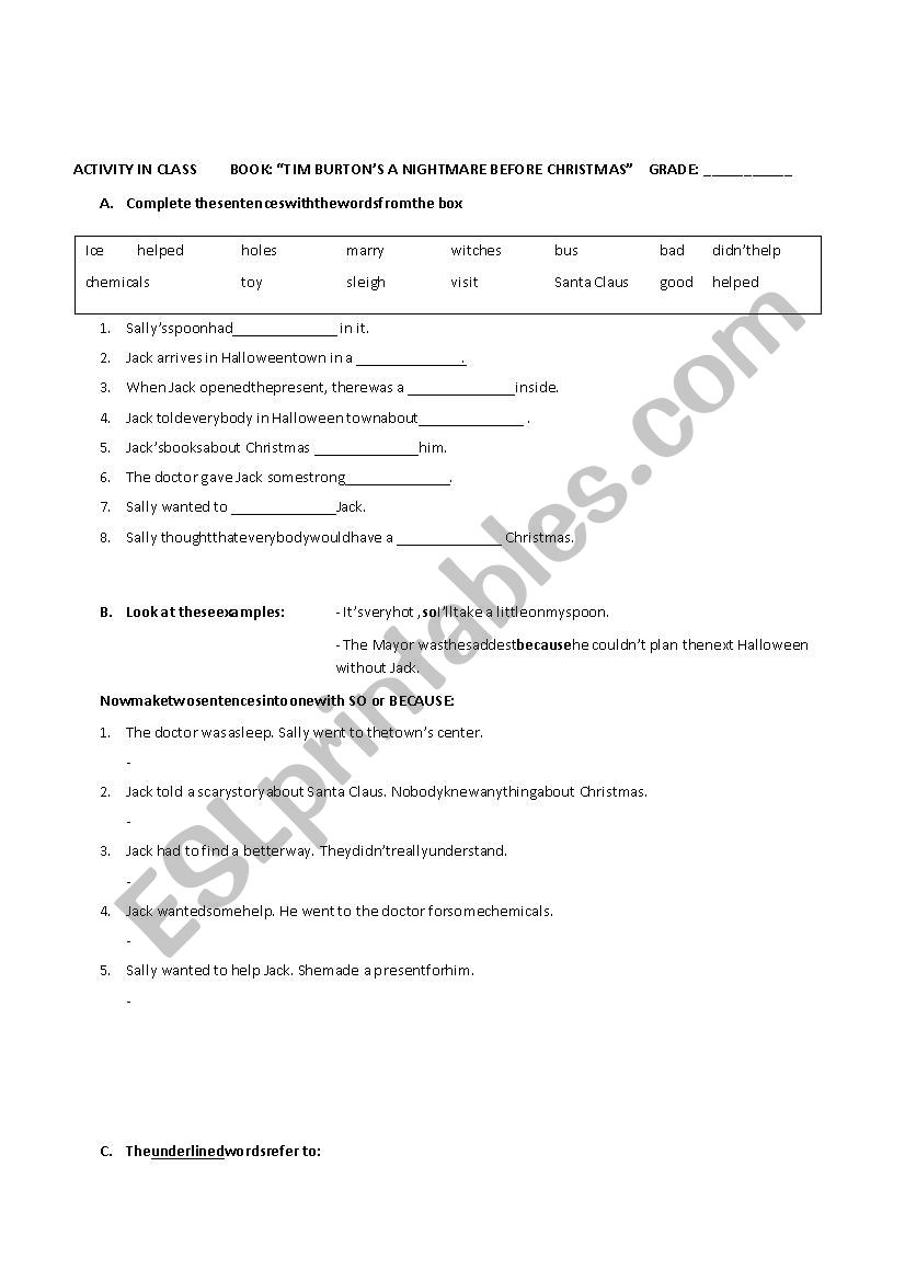 A NIGHTMARE BEFORE CHRISTMAS worksheet