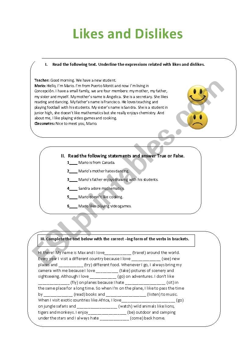 Likes and dislikes worksheet