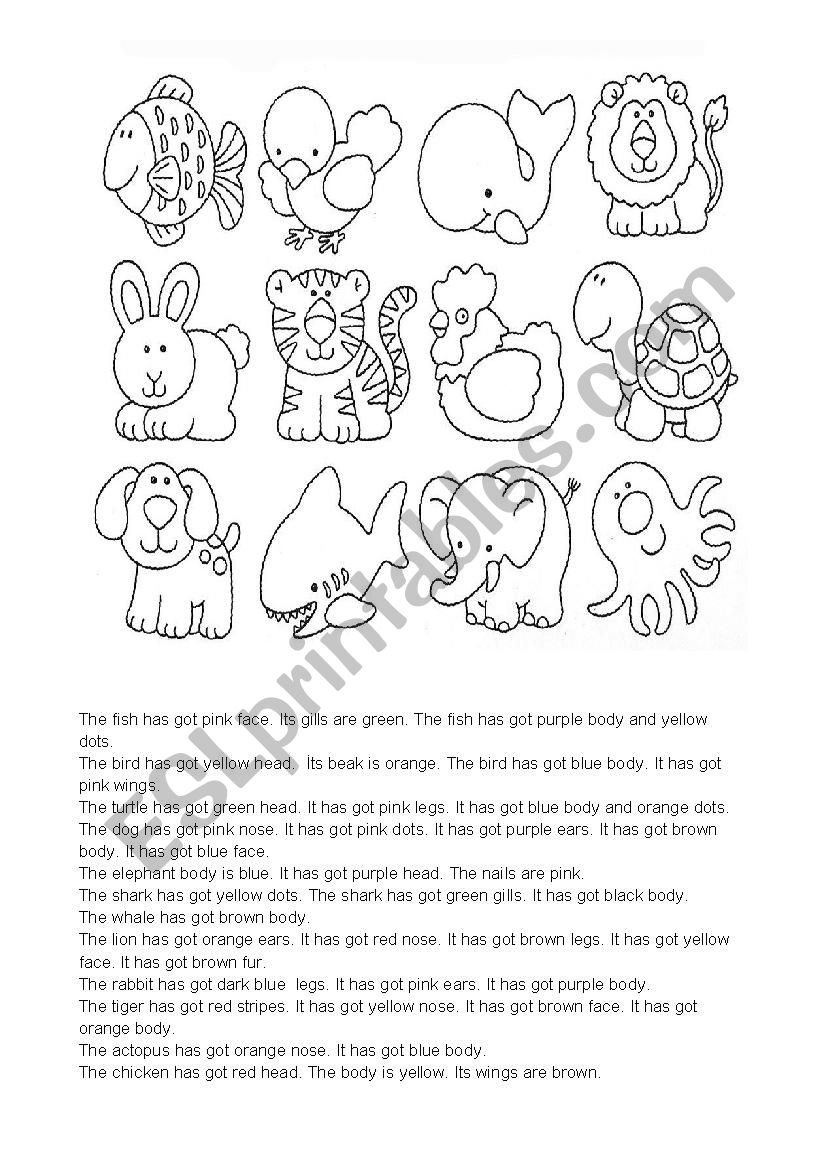 Animals - read and colour worksheet