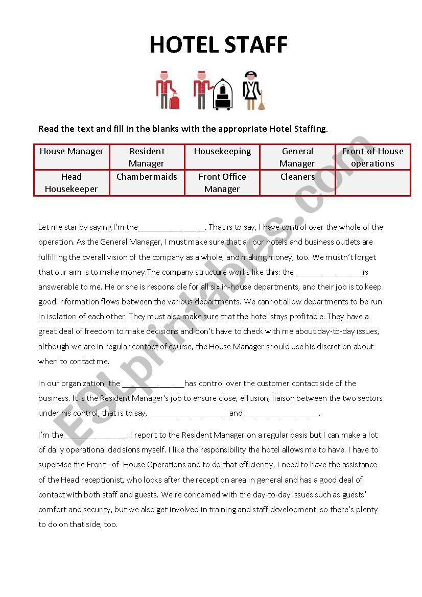 Tourism - Hotel Staff worksheet